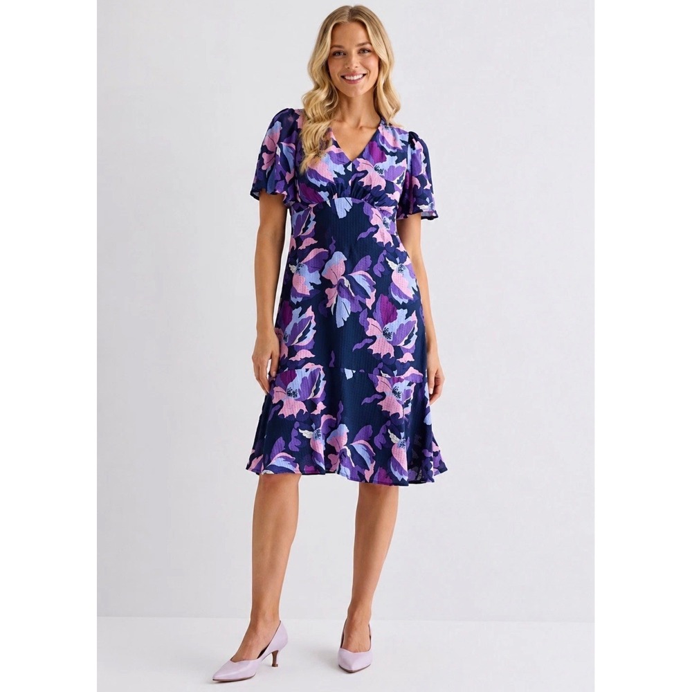 NWT Liz Claiborne Navy Floral V-Neck Fit & Flare Midi Dress Size 6 Party Wedding